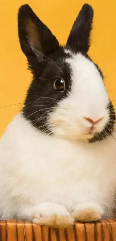 Cute black and white bunny in a basket with a yellow background.