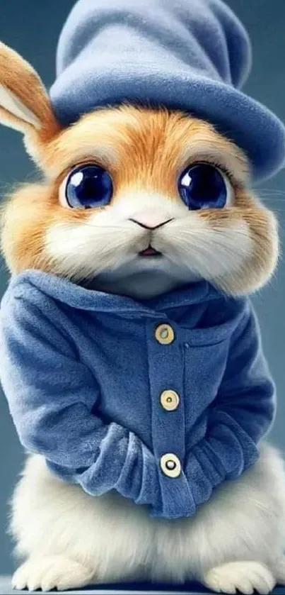 Adorable bunny in a blue outfit, cartoon style.