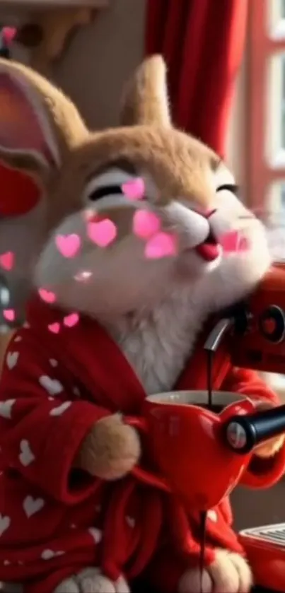 Animated bunny enjoys coffee in a cozy kitchen with heart decor.