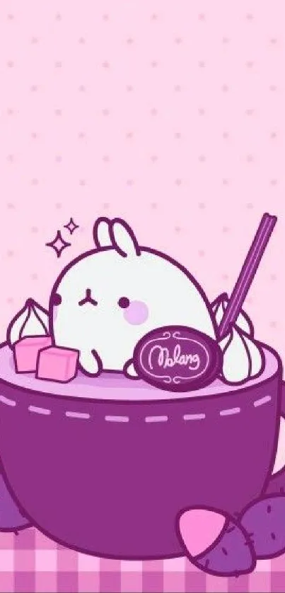 Adorable bunny sitting in purple mug with sweets.