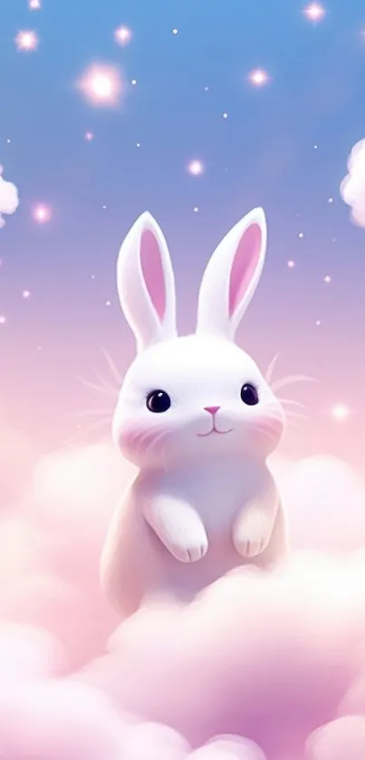 Cute bunny sitting on pink fluffy clouds with sparkling stars in a dreamy sky.