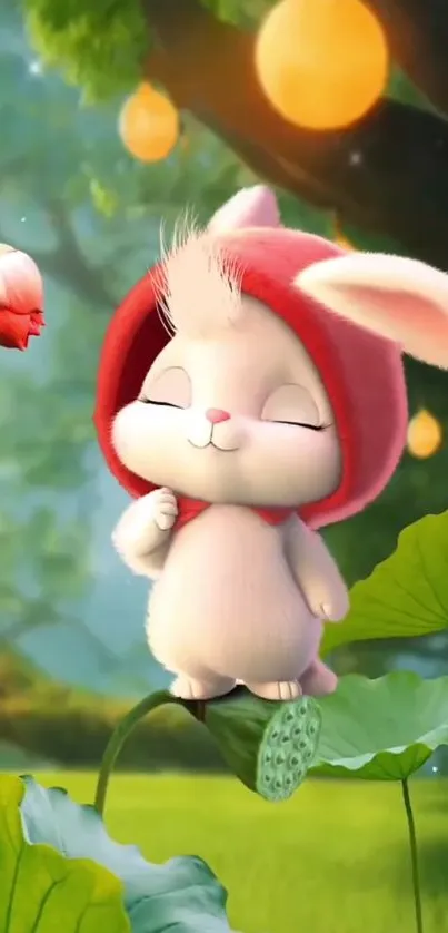 Cute bunny in red hood among forest greenery.