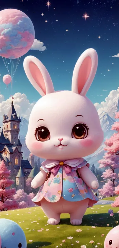 Adorable bunny in a fantasy world with a castle and pink trees.