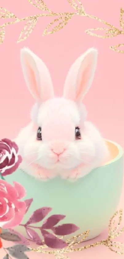 Cute bunny in a cup with floral design on pink background wallpaper.