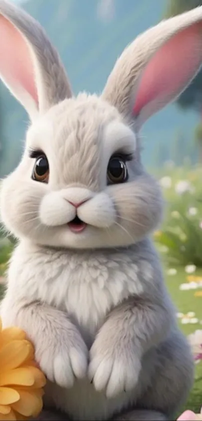 Cartoon bunny in a flower-filled meadow.
