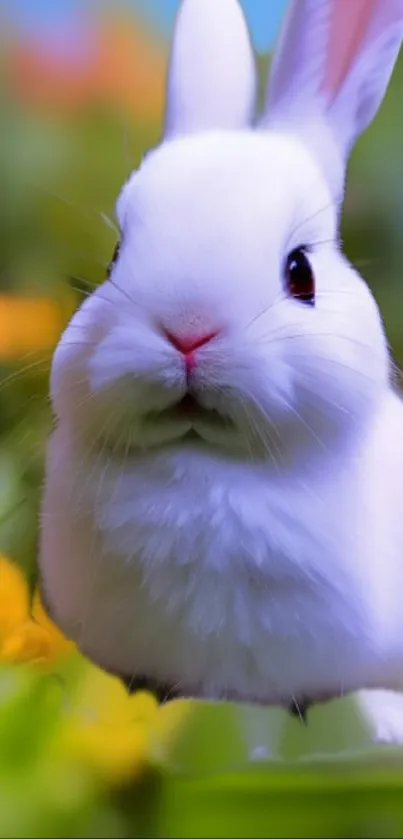 Fluffy white bunny in a vibrant flower garden.