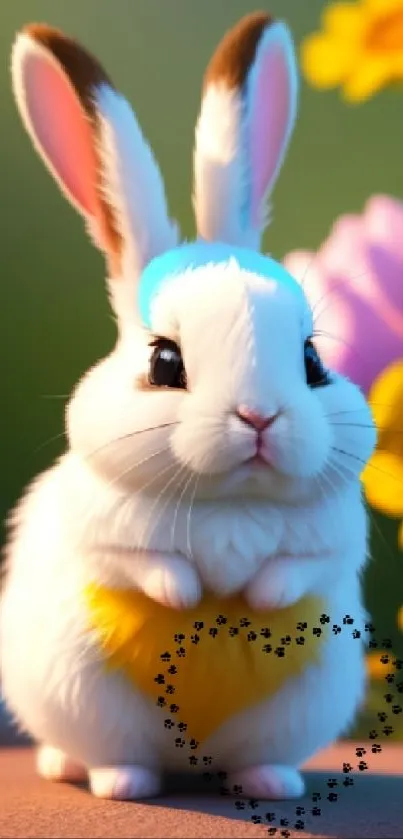 Fluffy white bunny with flowers in background.