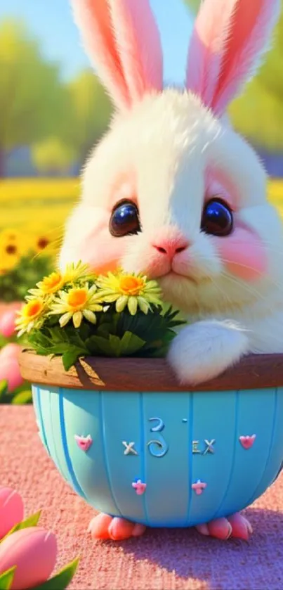 Cute bunny in a blue flower pot with yellow flowers and a vibrant background.