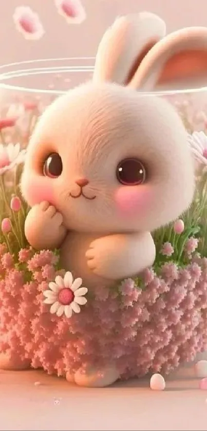 Cute bunny sitting in a pink floral pot, perfect for a whimsical wallpaper.