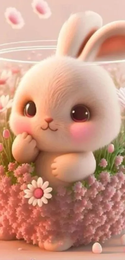 Cute bunny in a pink flower vase, perfect mobile wallpaper.