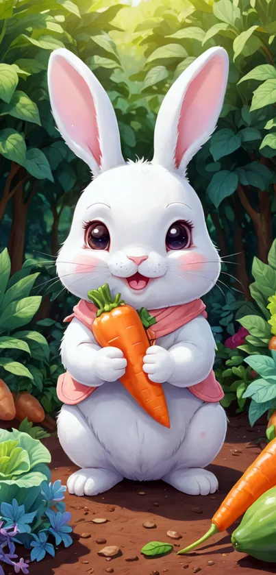 Adorable cartoon bunny holding a carrot in a lush garden.