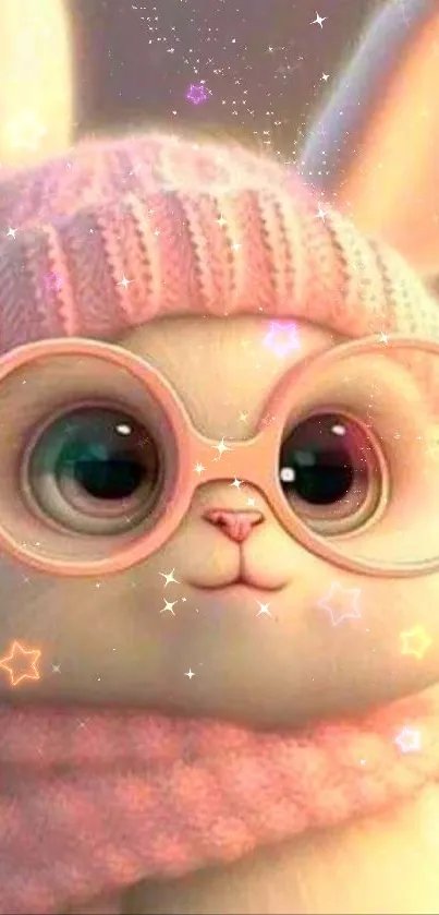 Adorable bunny with pink glasses and beanie.