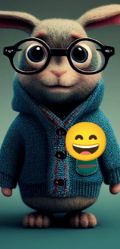 Cute bunny with glasses in blue hoodie, emoji detail.
