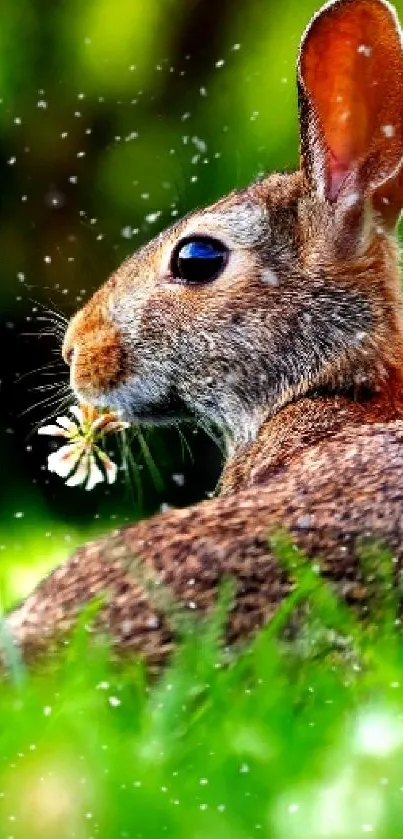 Cute rabbit holding flower in green field.