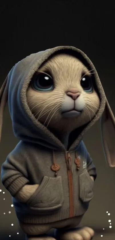 Cute bunny in a hoodie stands against dark background.