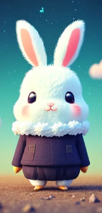 Adorable fluffy bunny in a jacket with a starry sky background.