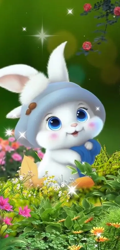 Cute bunny with blue hat in vibrant garden.