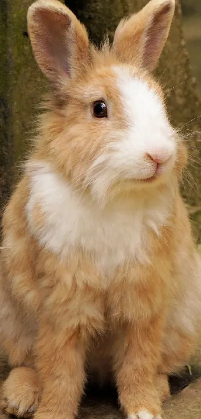 Cute brown and white bunny sitting on forest floor.