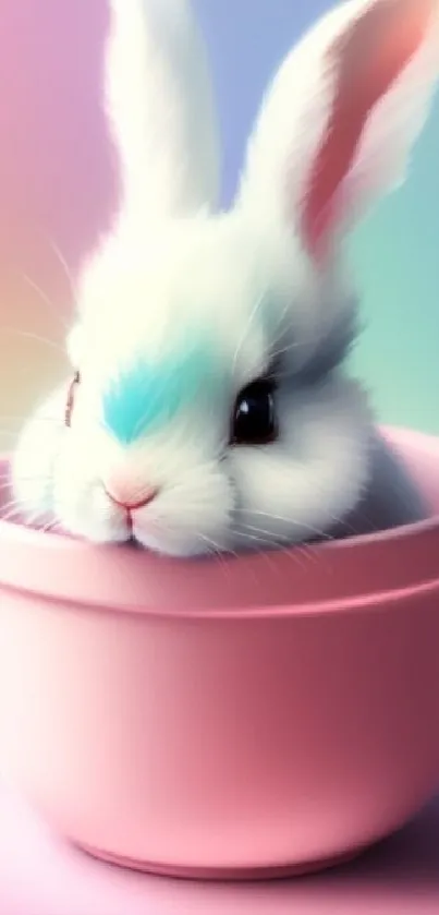 Cute bunny peeking out of pink cup with pastel background.