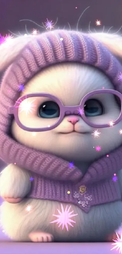 Adorable fluffy bunny in purple hoodie with sparkles, mobile wallpaper.