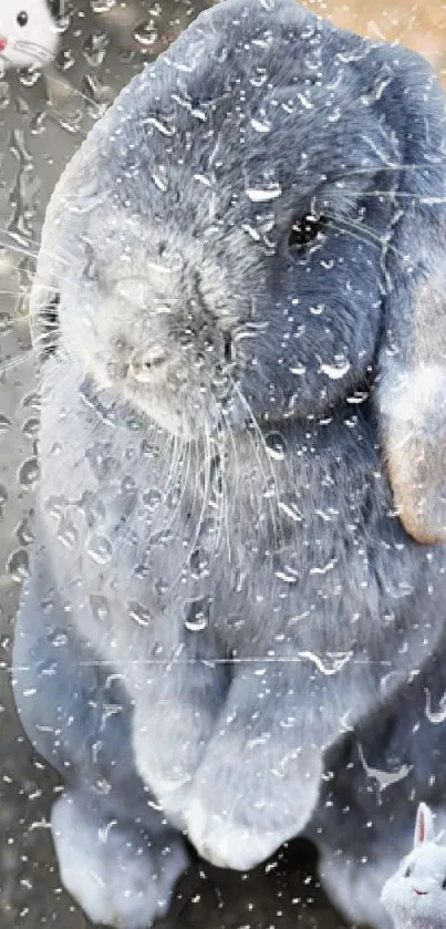 Gray bunny behind raindrops on glass.