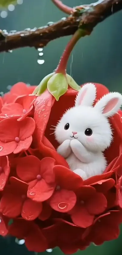 White bunny nestled in vibrant red flower.