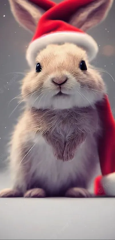 Cute bunny wearing a Santa hat on a gray background.