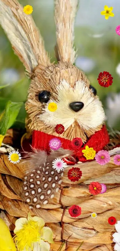 Cute bunny in a woven basket with spring flowers.