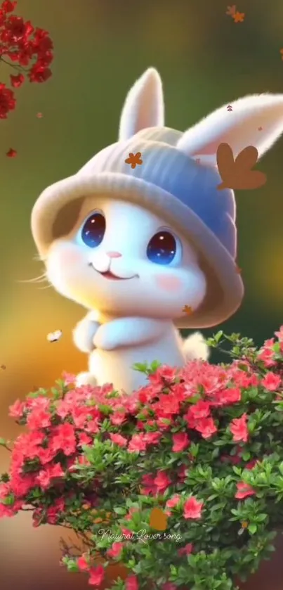 Cute bunny in a hat among colorful flowers.