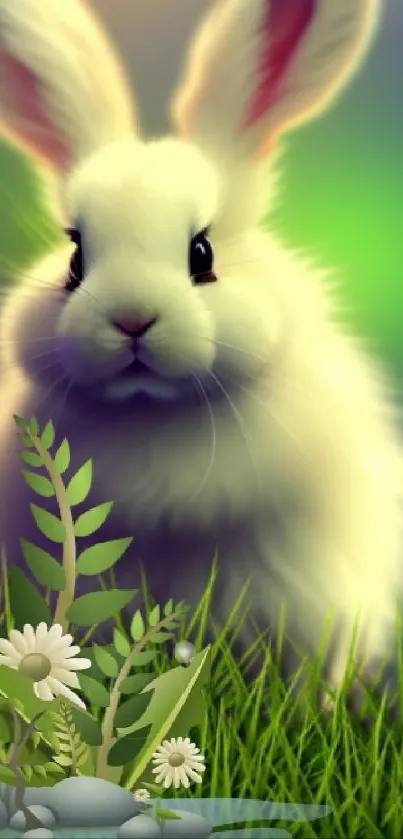 Cute white bunny in a colorful spring meadow with daisies and grass.