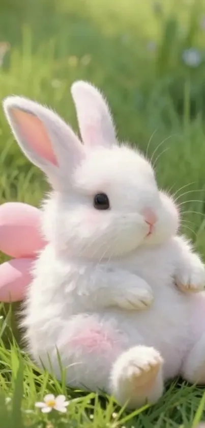 Fluffy bunny in a spring meadow with pink ears.