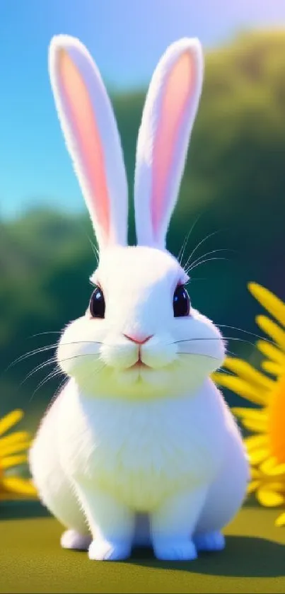 Adorable white bunny with sunflowers in a vibrant green field.