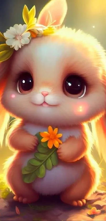 Cute bunny with flowers in sunlight, ideal for mobile wallpaper.