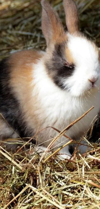 Adorable fluffy bunny sitting in hay with sunlight.