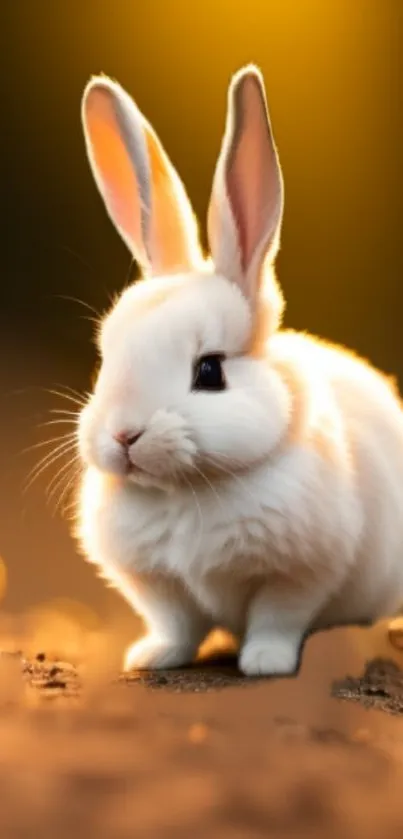 Cute white bunny in a warm sunset glow wallpaper.