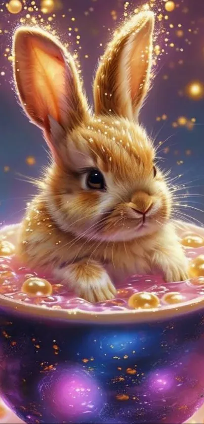 Cute bunny in a colorful cup with magical sparkles.
