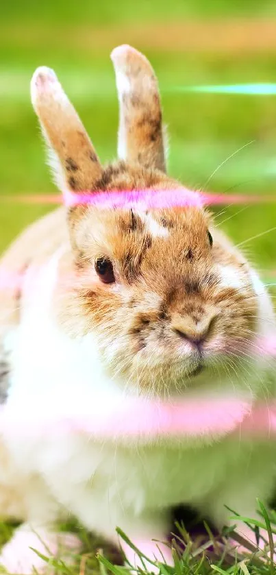 Bunny in a grassy field with pink light streaks.