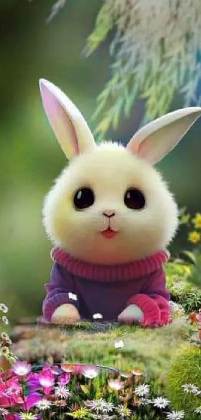 Cute bunny in pink sweater with floral backdrop.