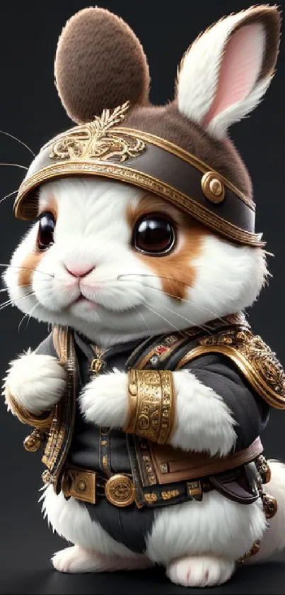 Cute bunny in detailed warrior armor with a black background.