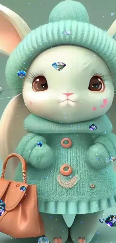 Cute bunny in mint green winter outfit with handbag.