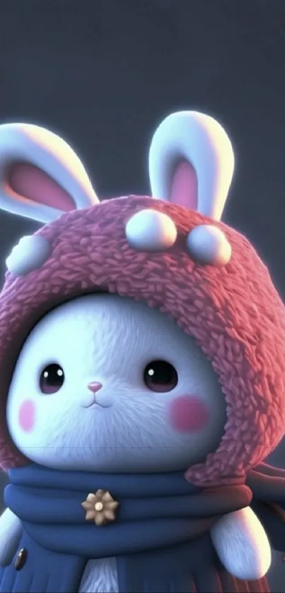 Cute bunny wearing winter attire with pink hat and scarf.