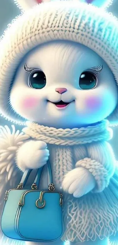 Cute bunny in winter attire with blue bag.