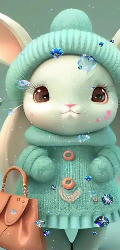 Cute bunny wearing a mint green winter outfit with a handbag.