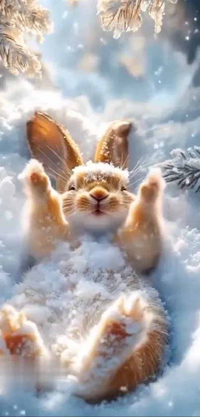 Cute bunny playing in the snow surrounded by a winter wonderland.