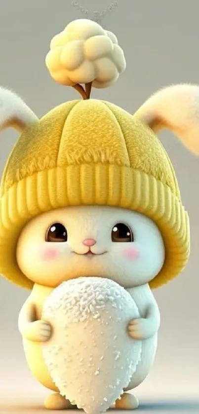 Cute bunny with yellow hat holding a fuzzy object.