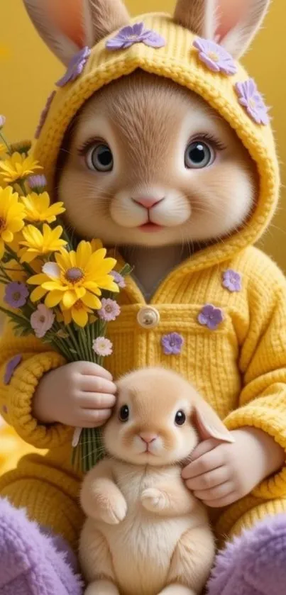 A cute cartoon bunny in a yellow outfit holding flowers.