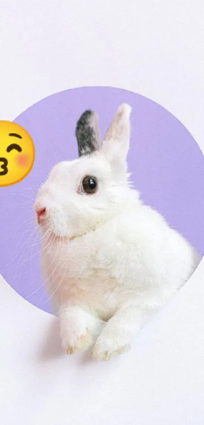 Cute bunny with kiss emoji on purple circle background, mobile wallpaper.