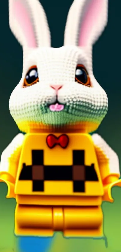 Cute Lego bunny in a yellow outfit on a vibrant background.