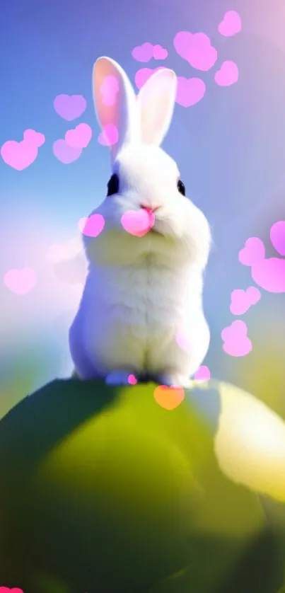 Adorable white bunny with pink hearts on green background.