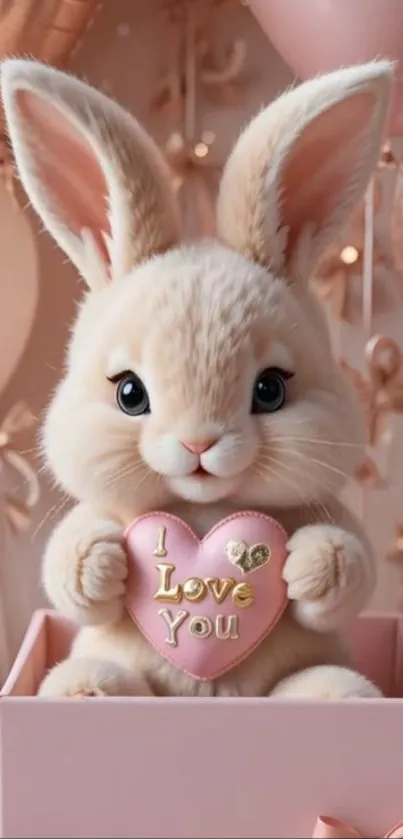 Adorable bunny with heart saying 'I Love You' in a pink setting.